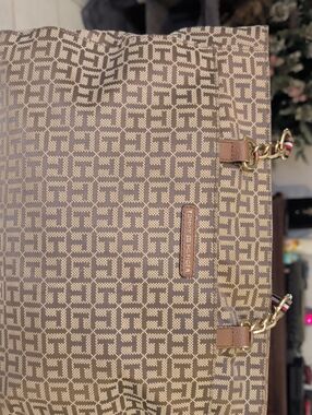 Tommy Hilfiger Brown Monogram Tote with Gold-Tone Chain Accents